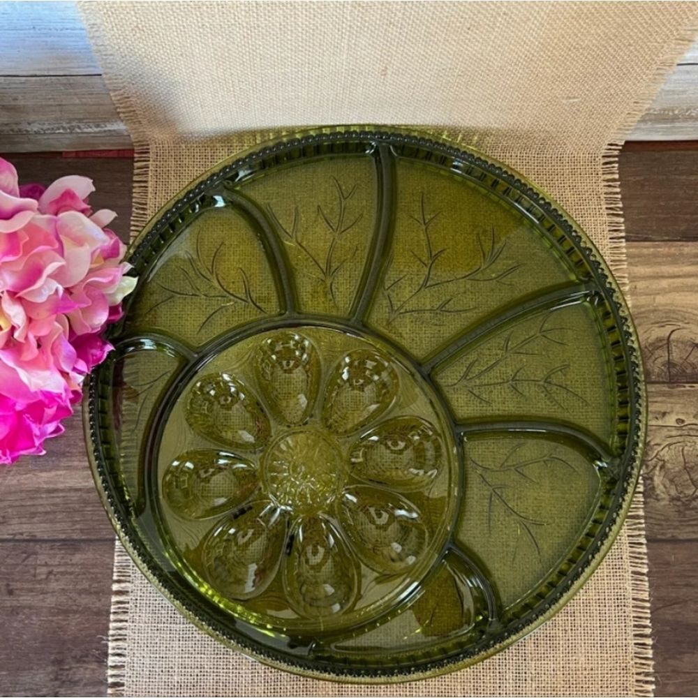 VNTG Indiana Glass Green Tree of Life Deviled Egg Platter